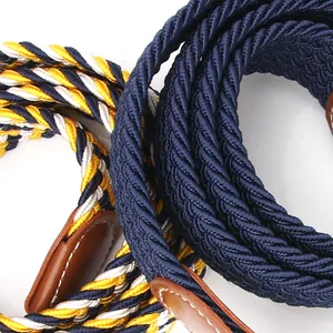 Navy blue and tricolor stretch woven canvas elastic belts with brown leather finish