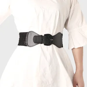 Damen Mode Breiter Elastischer Taillengürtel Hohl Geflochten PU-Leder Dornschließe Retro Bund Für Kleider Zubehör