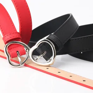 Minimalist women's leather belt with heart-shaped alloy buckle in black and red colors