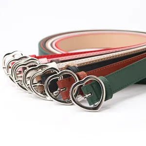 Set of slim leather belts for women with silver heart-shaped alloy buckles in various colors