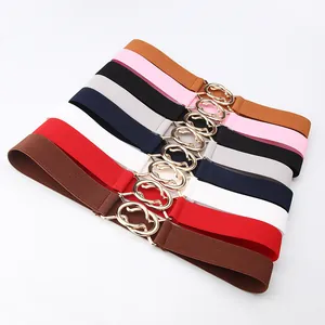 Elastic waist belt set for women with interlocking gold metal rings in eight colors
