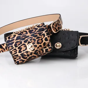 Women PU Leather Belt Bag With Removable Mini Pouch Crocodile Snake Leopard Print Metal Chain Oval Pin Buckle Waist Pack