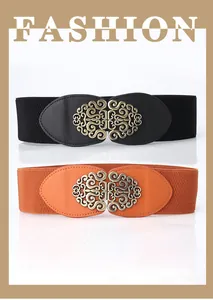 Detail of black and orange elastic wide waist belts with decorative hollow metal buckles
