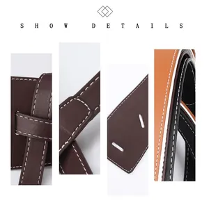 Detail view of leather belt with white contrast stitching and lychee grain texture