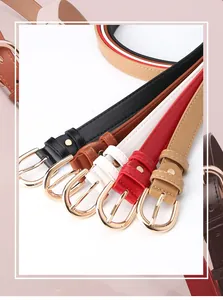 Detailed view of slim PU leather belts with gold pin buckles in five fashion colors