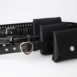 Schwarzes Ledergürtel-Set im Hip-Hop-Stil mit Mini-Gürteltaschen und Metallschnallen