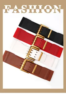 Detailed comparison of four elastic waist belts with shiny gold alloy buckles