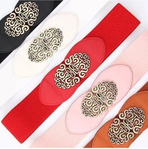 Elastic wide belts for women with decorative vintage gold metal hollow flower buckles