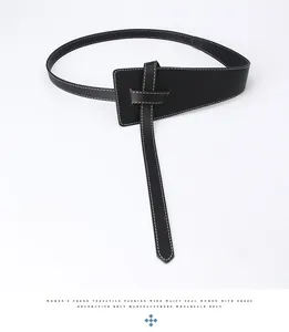 Detail of black wide waist belt with elegant white contrast stitching for dresses