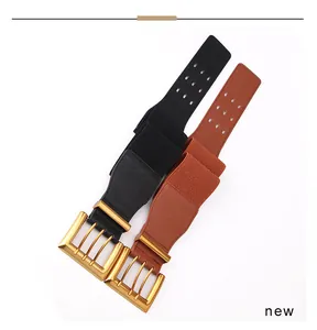 Detail of fashion wide elastic waist belts with vintage gold buckles in black and brown