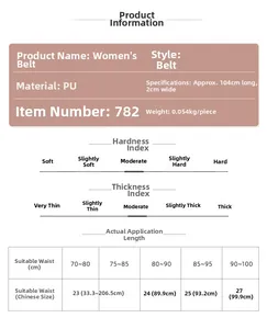 Tableau des tailles de ceinture en cuir PU pour femmes avec longueur 104cm et largeur 2cm