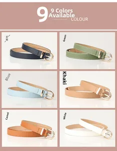 Détail de ceintures fines multicolores avec boucles en D dorées et coutures fines