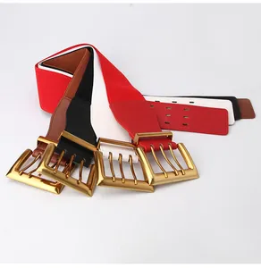 Detail view of colorful elastic wide waist belts with gold multi-pin metal buckles
