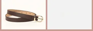 Gros plan sur une ceinture fine en cuir marron café avec boucle fer à cheval dorée