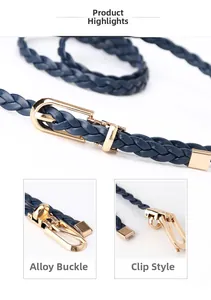 Detailansicht eines dunkelblauen Flechtgürtels mit goldener Legierungsschnalle und Clip