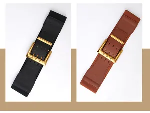 Close-up of elastic waist belts featuring a golden square buckle and premium PU leather texture