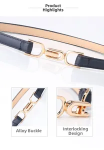Detailed close-up of dark blue slim leather belt with a polished gold alloy buckle