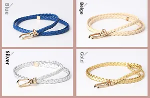 Detailansicht geflochtener schmaler Gürtel in Blau, Beige, Silber, Gold mit Goldschnallen