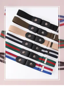 Detail of assorted invisible elastic belts with metal snaps and faux leather ends