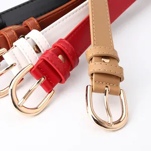 Women's minimalist PU leather belts with gold horseshoe buckles in five classic colors