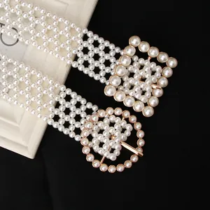 Women Elegant Imitation Pearl Woven Belt Waist Chain Gold Alloy Square Round Pin Buckle Dress Fashion Accessory Gift