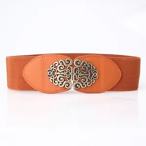 Women Vintage Wide Elastic Waist Belt With Hollow Out Alloy Buckle Synthetic Leather Cinch Belt For Dresses Fashion Accessories