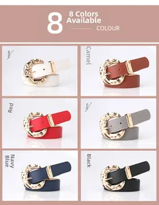 Detalle de cinturones de moda con hebillas doradas texturizadas en varios colores