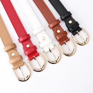 Set of slim faux leather belts for women with gold pin buckles in five colors