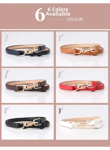 Detailed grid view of thin leather waist belts in six colors with gold interlocking buckles