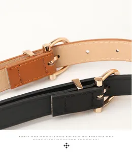 Détail de fines ceintures en cuir noir et marron avec boucles dorées polies ardillon