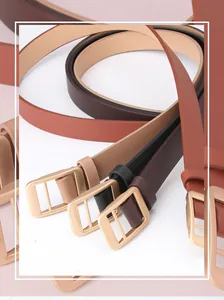 Close-up of stylish thin leather belts with gold square buckles in multiple colors