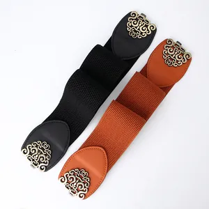 Elastic wide belt set in black and brown with vintage gold镂空metal buckle closure
