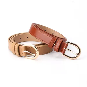 Set of two stylish women's PU leather belts in khaki and dark brown with gold U-buckles