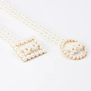 Elegant women's woven imitation pearl waist chain belt with gold buckle for dresses