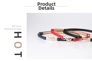 Detail view of thin women belts in navy blue, red and black with golden metal buckles