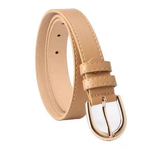 Women's slim khaki faux leather belt with golden D-ring buckle and stitching details