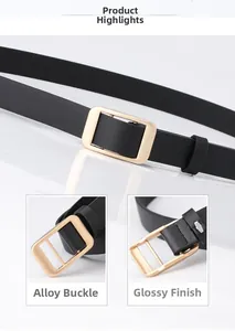 Detail of elegant black slim belt featuring a polished gold rectangular alloy buckle
