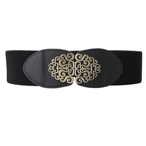 Black wide elastic waist belt for women with vintage bronze hollow floral metal buckle