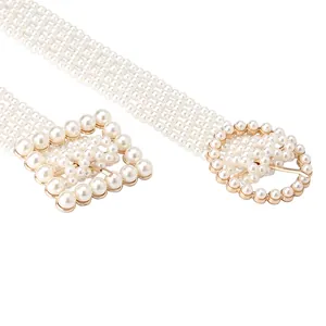 Elegant woven pearl waist chain for women with stylish square and round golden buckles