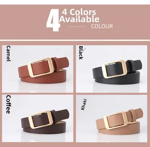 Minimalist women's thin belts with rectangular gold buckles in four classic colors