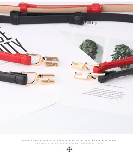 Detail of red and black skinny belts with gold U-shaped buckles on a lifestyle background