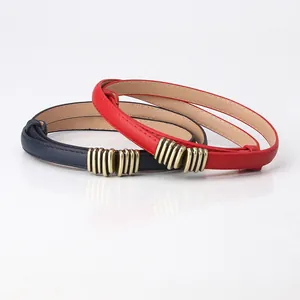 Women's Fashion Thin Adjustable PU Leather Belt With Vintage Gold Alloy Slide Buckle Elegant Solid Color Waist Strap For Dresses Suits Commuting Decor