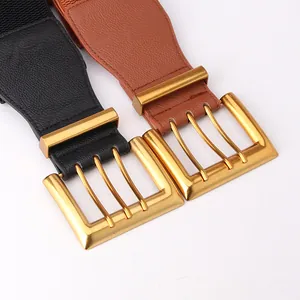 Elastic wide belt with vintage square metal buckle in black and brown leather