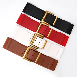 Elastic wide corset belts for women in black red white and brown with gold buckle
