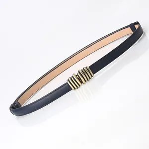 Navy blue slim fashion belt with vintage gold textured metal buckle for dresses