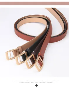 Set of four thin leather belts in neutral tones with minimalist gold square buckles