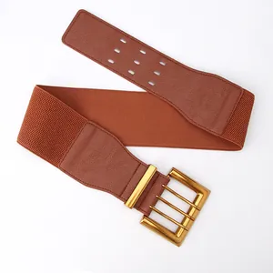 Women's brown elastic wide waist belt with retro gold four-row pin buckle for dresses