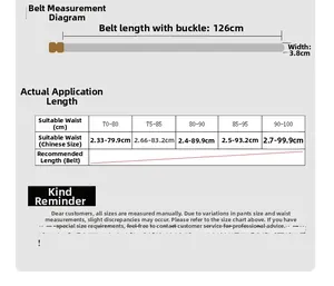 Guide des tailles pour ceinture en toile homme de 126 cm de long et 3,8 cm de large