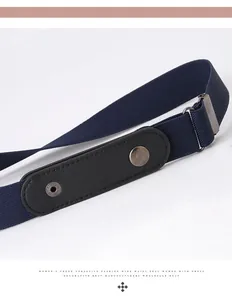Close-up of dark blue elastic belt featuring black leather accents and vintage metal buckles