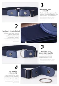 Détails de la ceinture élastique sans boucle montrant le tissu bleu et l'anneau argenté